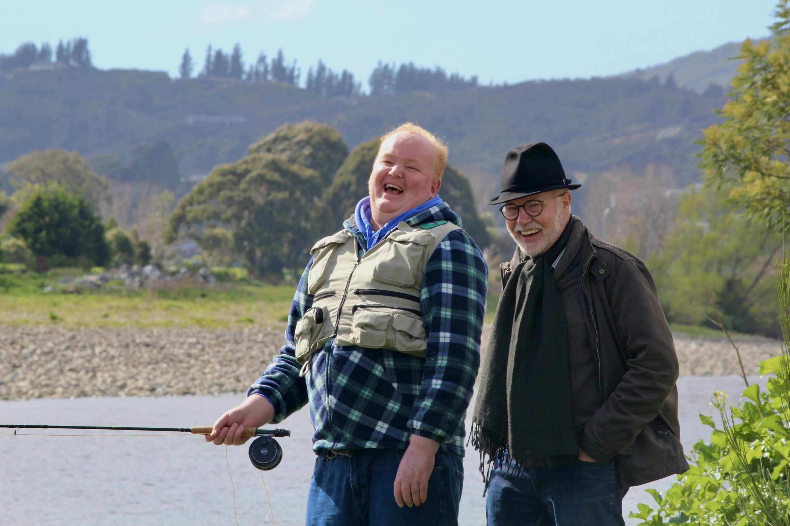 Ashley (left) and Brian (right) fishing in the Waikanae river