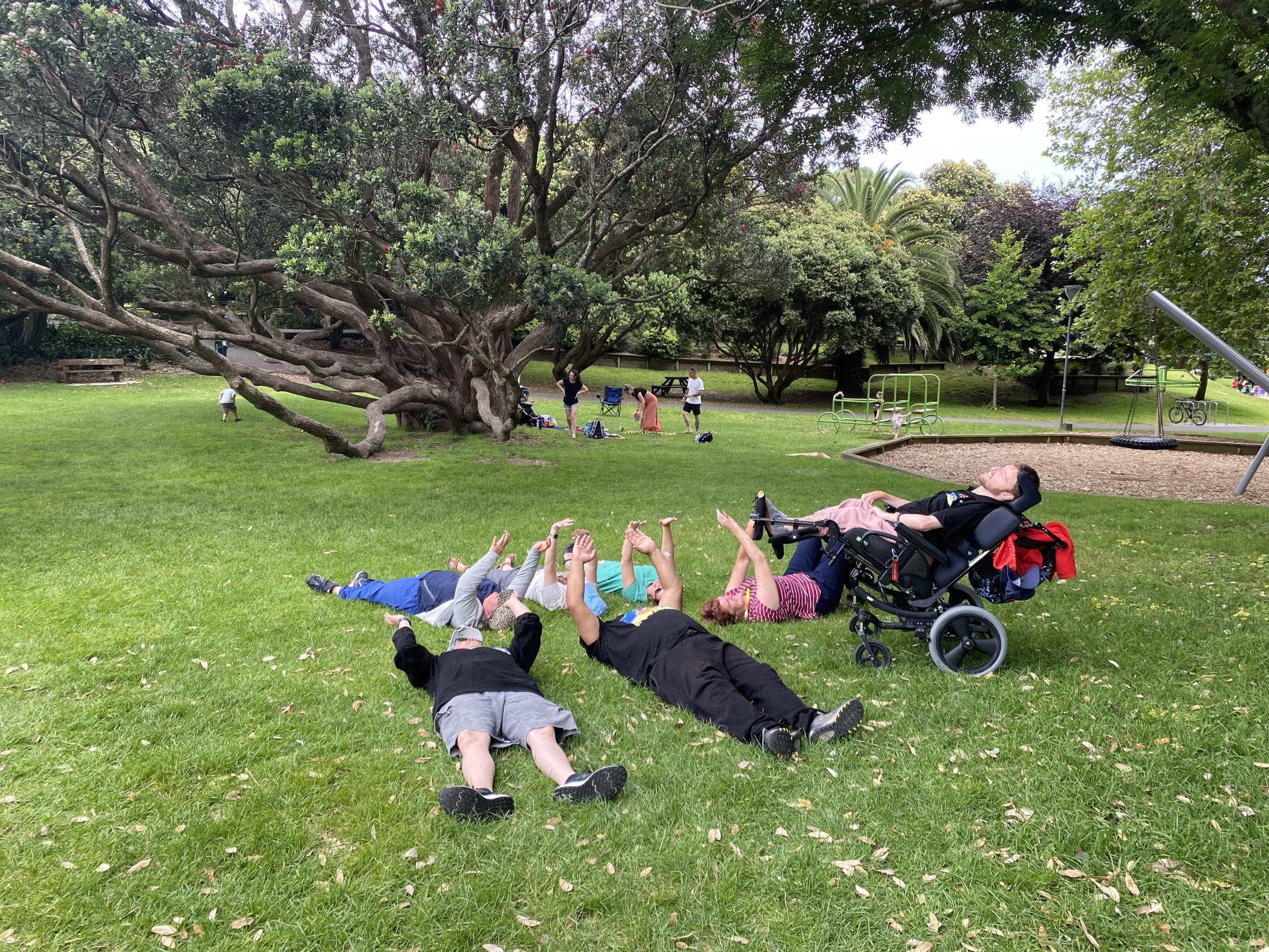 Kapiti Kiwis Kāpiti kiwis network group lying in the grass with their hands up in the air